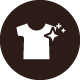 a simple white t-shirt icon with sparkles on a dark circular background representing clean clothing and fashion style choices for six different outfits